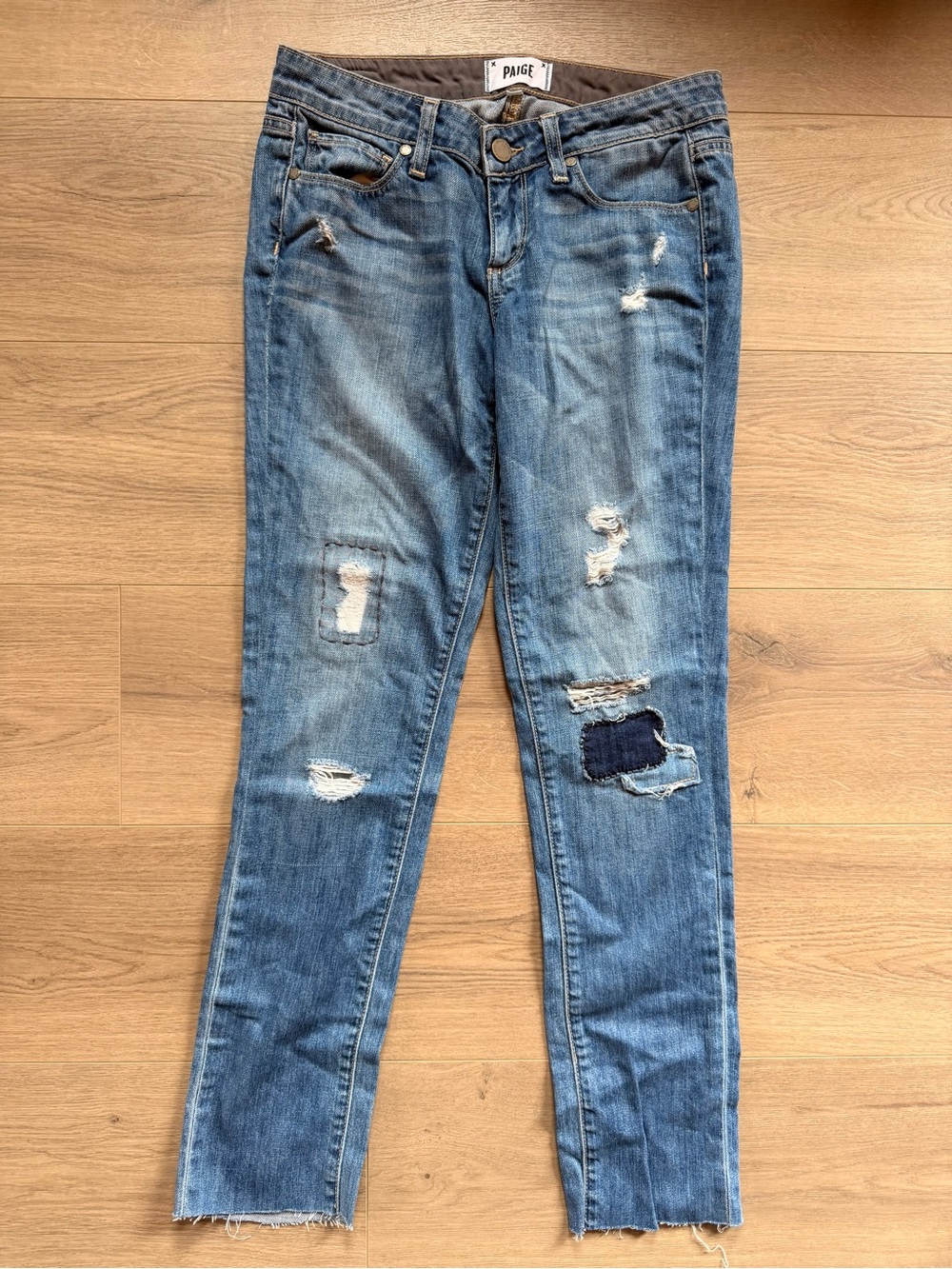 PAIGE Distressed Skinny Jeans in Medium Blue with Patch Patches